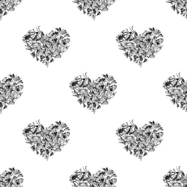 无缝图案银心花瓣孤立制成，白色背景，灰色闪亮金属心形重复点缀，灰色金属爱情标牌印，复古墙纸，装饰背景图片下载