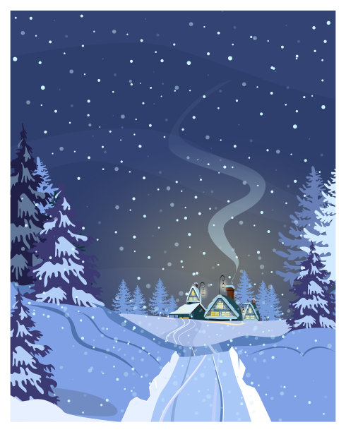 夜晚的乡村景色有房子，积雪的道路和枞树图片下载