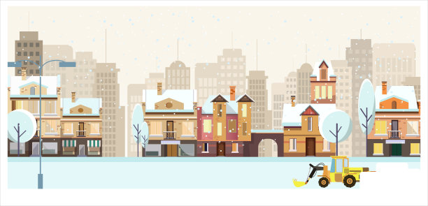 冬季城市景观与建筑，树木和扫雪机素材图片