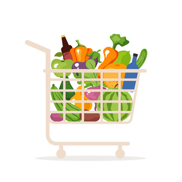 杂货店购物车满水果和蔬菜的概念。矢量平面设计孤立插图素材图片