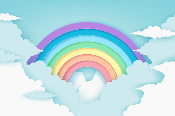 风格化剪纸彩虹和云彩的背景。纸彩色彩虹。矢量艺术和插图素材图片