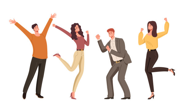 快乐的胜利者，人们的性格赢得和高兴。矢量平面设计孤立插图素材图片