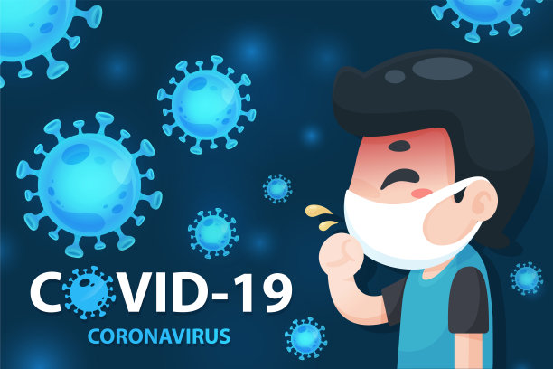 卡通男流感患者戴着口罩，以保护周围的冠状病毒。图片下载