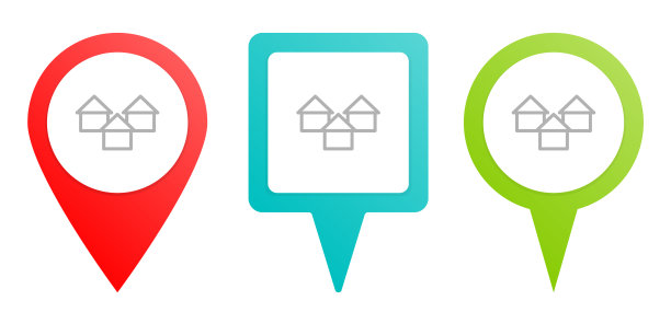 公寓，建筑，引脚矢量图标。多色引脚矢量图标，不同类型的地图和导航点。图片下载