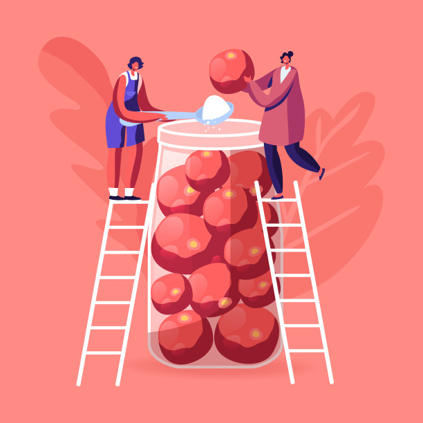 小女性角色站在梯子上，把成熟的西红柿和盐放进巨大的玻璃罐里。妇女烹饪发酵的自制食物准备冬季供应。卡通人物矢量插图图片下载