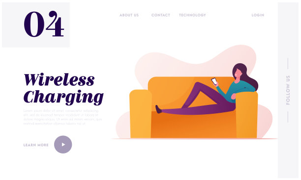 无线充电器登陆页面模板。女性角色与手机躺在沙发上使用现代电子设备与Wifi连接快速充电。卡通矢量图图片下载