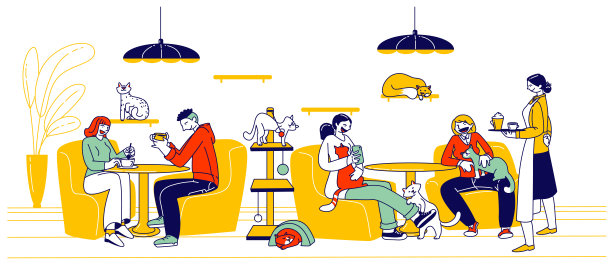 人们光顾猫咖啡馆。男性和女性角色坐在桌子旁喝饮料，小猫在周围玩耍和放松。新型待客商务舒适场所。线性向量插图图片下载