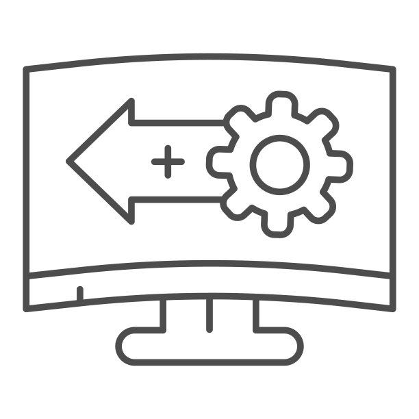 系统升级细线图标。软件更新，齿轮与箭头显示器符号，轮廓风格象形图在白色背景上。移动概念和网页设计的技术标志。矢量图形。图片下载