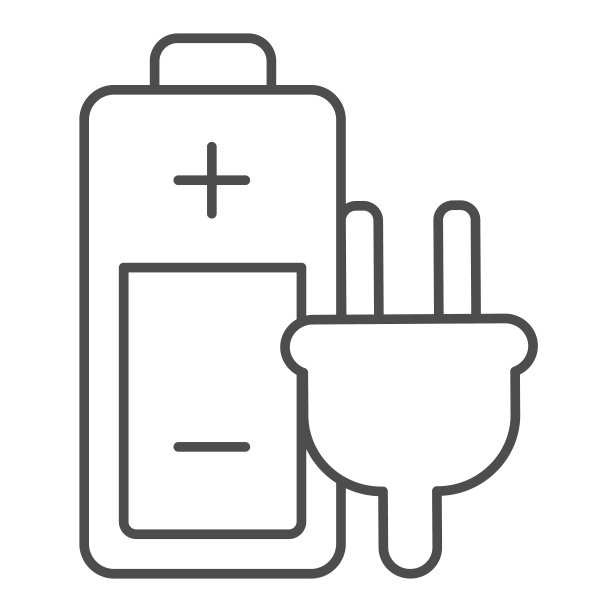 电池与线细线图标。能量充电器由电源插头、电源符号、轮廓样式象形文字组成，置于白色背景上。电子标志的移动概念和网页设计。矢量图形。图片下载