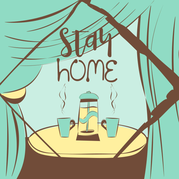 可爱和舒适的插图，茶壶和两个杯子在桌子上，文字“呆在家里”图片下载