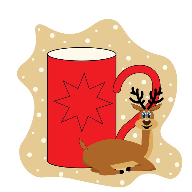 鹿躺在一个红色的抽象的杯子旁边，孤立在白色的背景上。库存矢量插图装饰和设计，卡片，海报，织物和更多。图片下载