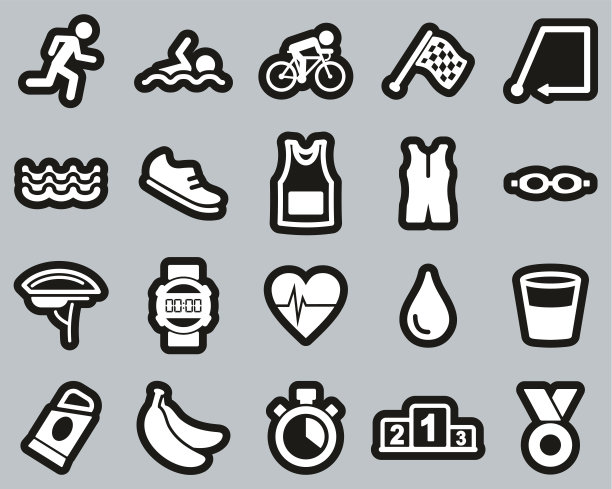 铁人三项比赛和设备图标白色在黑色贴纸设置大图片下载