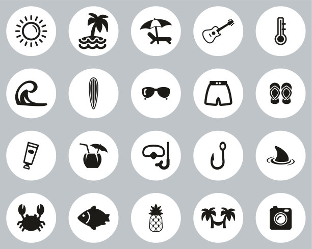 热带生活图标黑白平面设计圈设置大图片下载