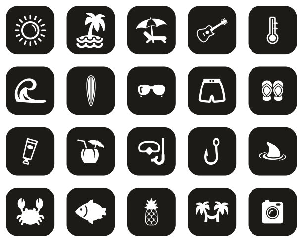 热带生活方式图标白色在黑色的平面设计设置大图片下载