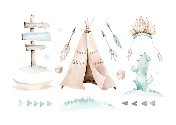 水彩画集墨西哥民族元素:仙人掌，帐篷，传统棚屋，羽毛，箭。放荡不羁的聚会邀请。宝宝，宝宝，宝宝派对。蛮荒的美国西部图片下载