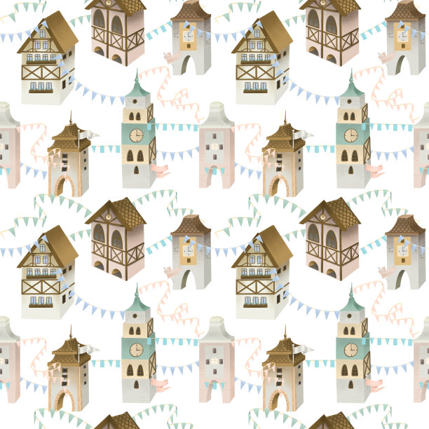 无缝图案的舒适的巴伐利亚房屋与花环和旗帜，节日的城镇，手绘在白色的背景图片下载