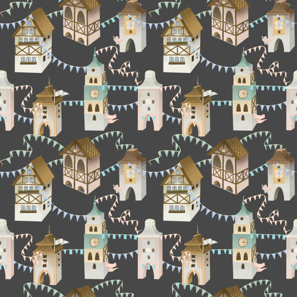 无缝图案的舒适的巴伐利亚房屋与花环和旗帜，节日的城镇，手绘在黑暗的背景图片下载