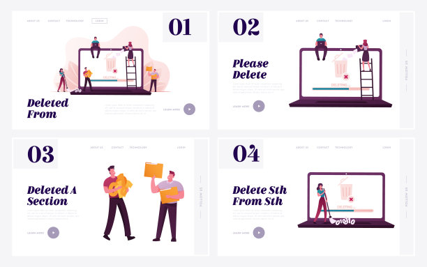 字符删除信息登陆页模板集。小矮人会把文件扔到笔记本电脑屏幕上的废纸垃圾桶里。文档删除，清理计算机空间。卡通矢量图图片下载