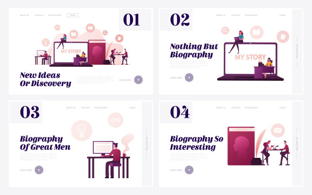 作家工作回忆录书登陆页模板集。著名作家的生活故事，微小的人写传记电脑和打字机。作者人物回忆。卡通矢量图图片下载