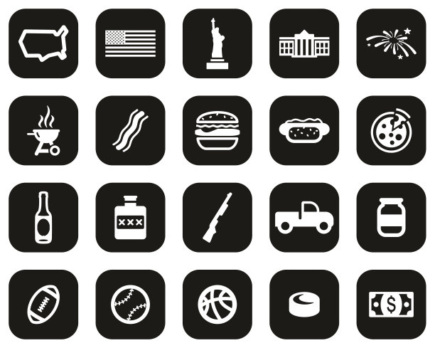 美国国家和文化图标白色上的黑色平面设计设置大图片下载