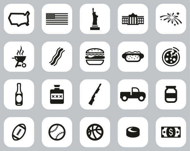 美国国家和文化图标黑白平面设计集大图片下载