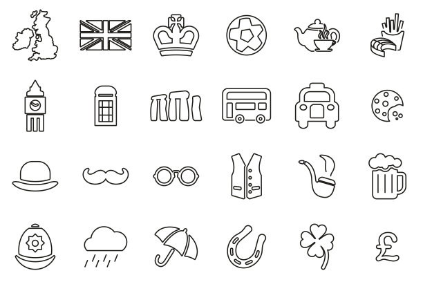 英国国家和文化图标黑和白细线设置大图片下载