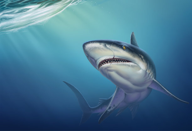 礁鲨在深度逼真的背景插图。图片下载