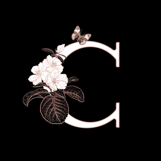 用字母C，盛开的樱花枝和蝴蝶装饰。图片下载