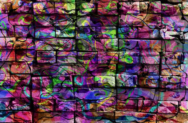 色彩斑斓的超现实的世界。虚拟涂鸦。抽象图像，画在砖墙的照片上。图片下载