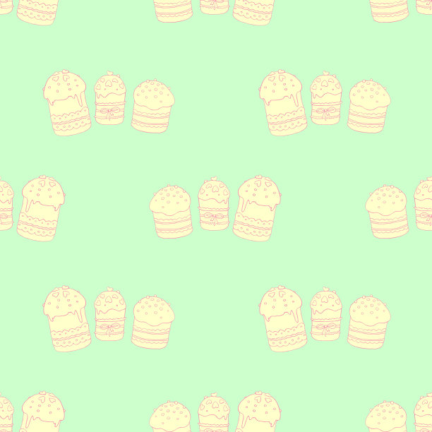 无缝模式。复活节蛋糕或甜面包或帕斯卡。柔软的春天节日背景和纹理与传统的传统食物在轮廓涂鸦风格。手绘插图图片下载