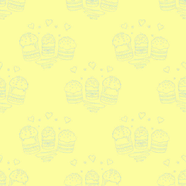 无缝模式。复活节蛋糕或甜面包或帕斯卡。柔软的春天节日背景和纹理与传统的传统食物在轮廓涂鸦风格。手绘插图图片下载