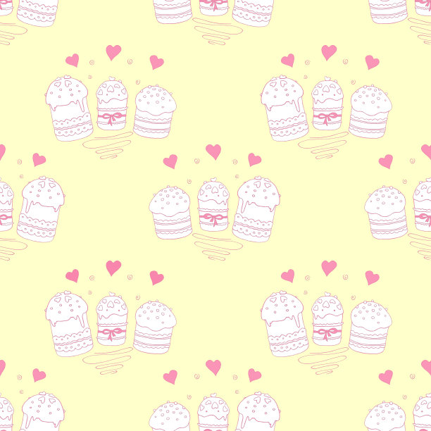 无缝模式。复活节蛋糕或甜面包或帕斯卡。柔软的春天节日背景和纹理与传统的传统食物在轮廓涂鸦风格。手绘插图图片下载