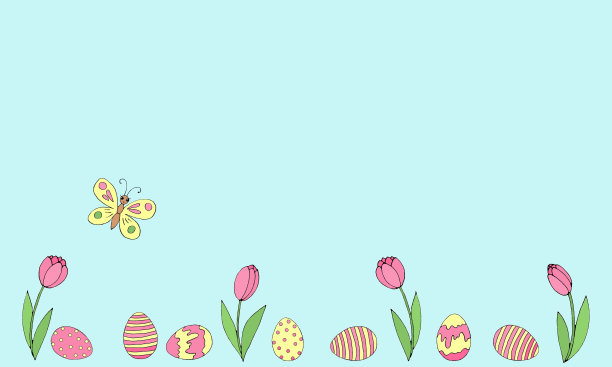 复活节春天的背景与生长的花，郁金香和鸡蛋的底部边缘图片下载