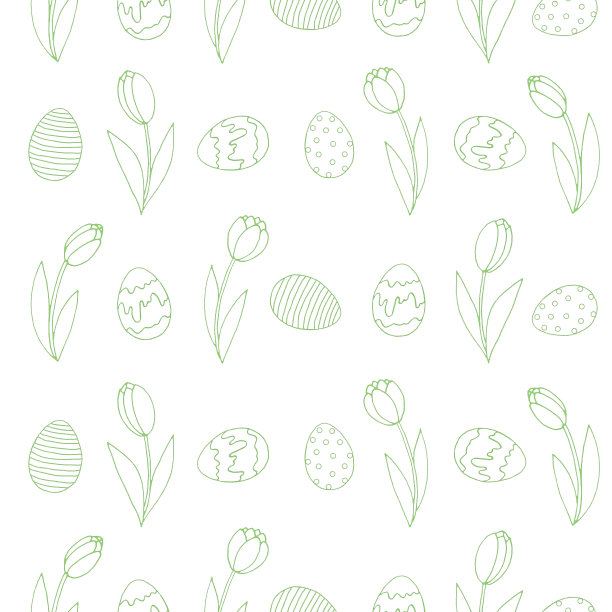 无缝图案与生长的轮廓花郁金香，鸡蛋。复活节春天的背景。适用于印刷包装纸、墙纸、包装、织物等。手绘涂鸦插图图片下载