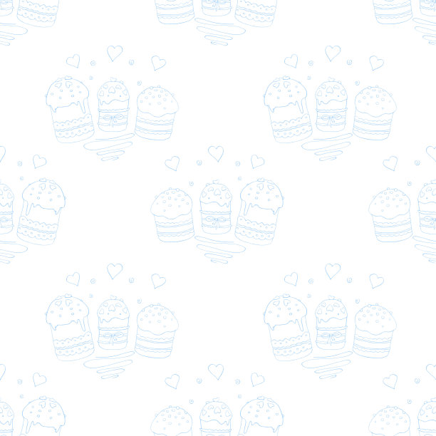 无缝模式。复活节蛋糕或甜面包或帕斯卡。柔软的春天节日背景和纹理与传统的传统食物在轮廓涂鸦风格。手绘插图图片下载