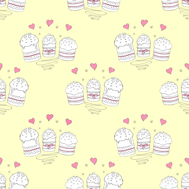 无缝模式。复活节蛋糕或甜面包或帕斯卡。柔软的春天节日背景和纹理与传统的传统食物在轮廓涂鸦风格。手绘插图图片下载