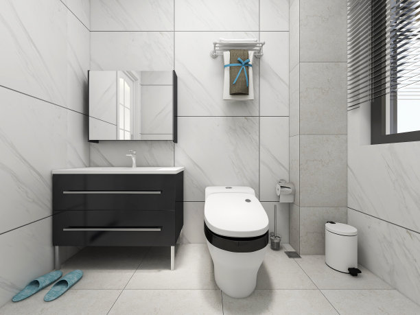 3D渲染，卫生间干净整洁，配有淋浴设施，如卫生间和淋浴设施图片下载