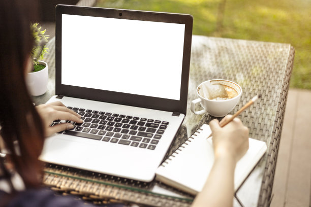 商业女性的特写工作与笔记本电脑做笔记在公园的办公室室外。图片下载