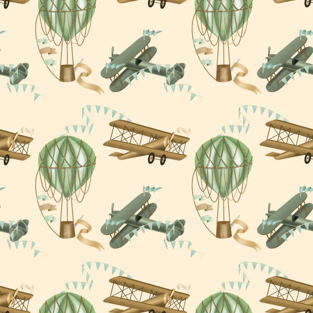 无缝图案与手绘节日热气球和复古飞机在米色背景图片下载