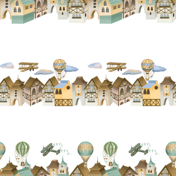 无缝模式的巴伐利亚房屋，复古飞机和热气球在天空中，手绘在白色的背景图片下载