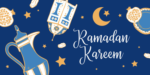 带有斋月祝福的横幅。阿拉伯语标题:慷慨的斋月。传统的开斋对象图片下载