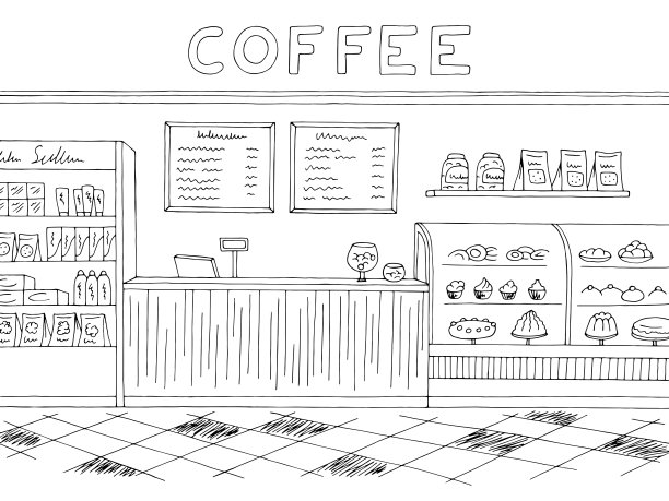 咖啡馆图形黑白室内草图插图矢量图片下载