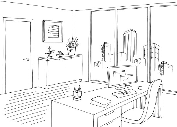 办公室图形黑白室内草图插图矢量图片下载