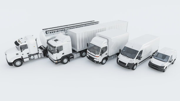 高角度的白色交付货车和卡车在白色背景上的一排图片下载