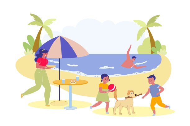 家庭野餐的场景在热带海岸的背景图片下载
