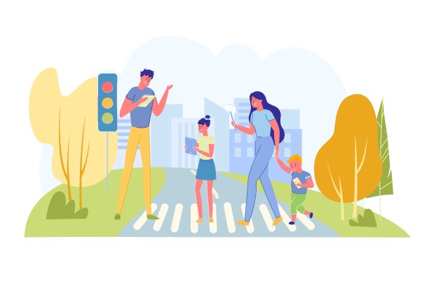 父母和孩子通过人行横道时带着手机图片下载