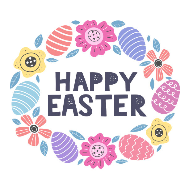可爱的快乐复活节贺卡装饰的涂鸦花，鸡蛋和花卉元素。图片下载