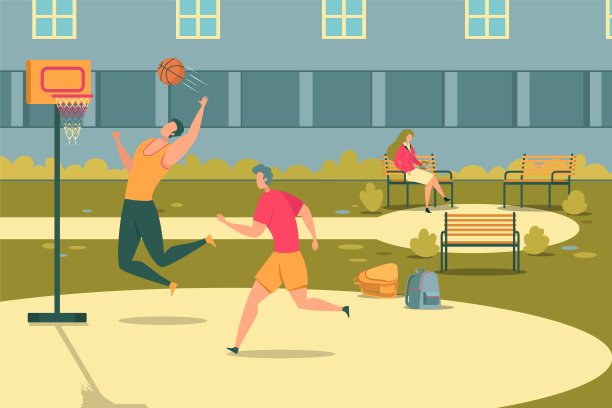 学生们在户外打篮球，女孩在长凳上。图片下载