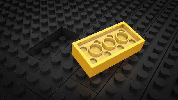 3d插图:黄色不同的玩具件分别躺在黑色背景上没有插入槽中。经营理念:独一无二，不像别人。立方体儿童的安装装置。图片下载