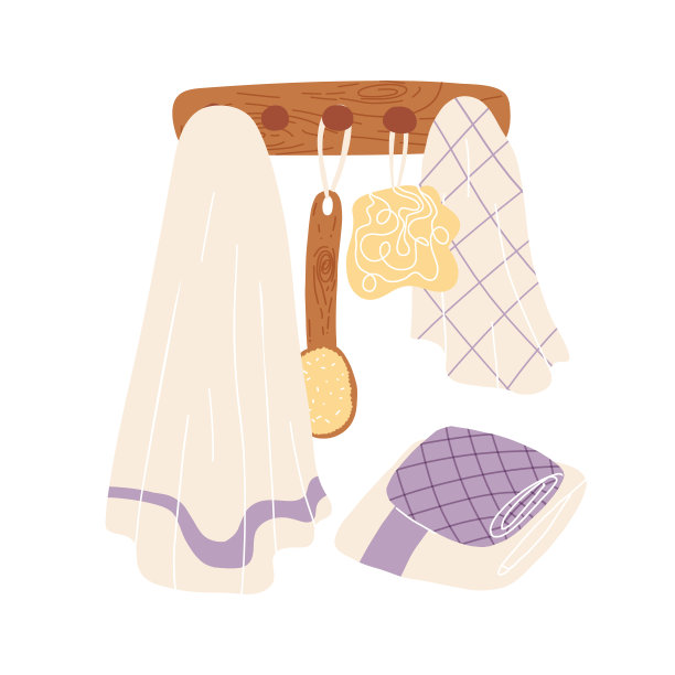 有挂钩的衣架，上面挂着毛巾和浴垫，并将另一条毛巾放在一起。平面矢量手绘插图在孤立的背景。图片下载